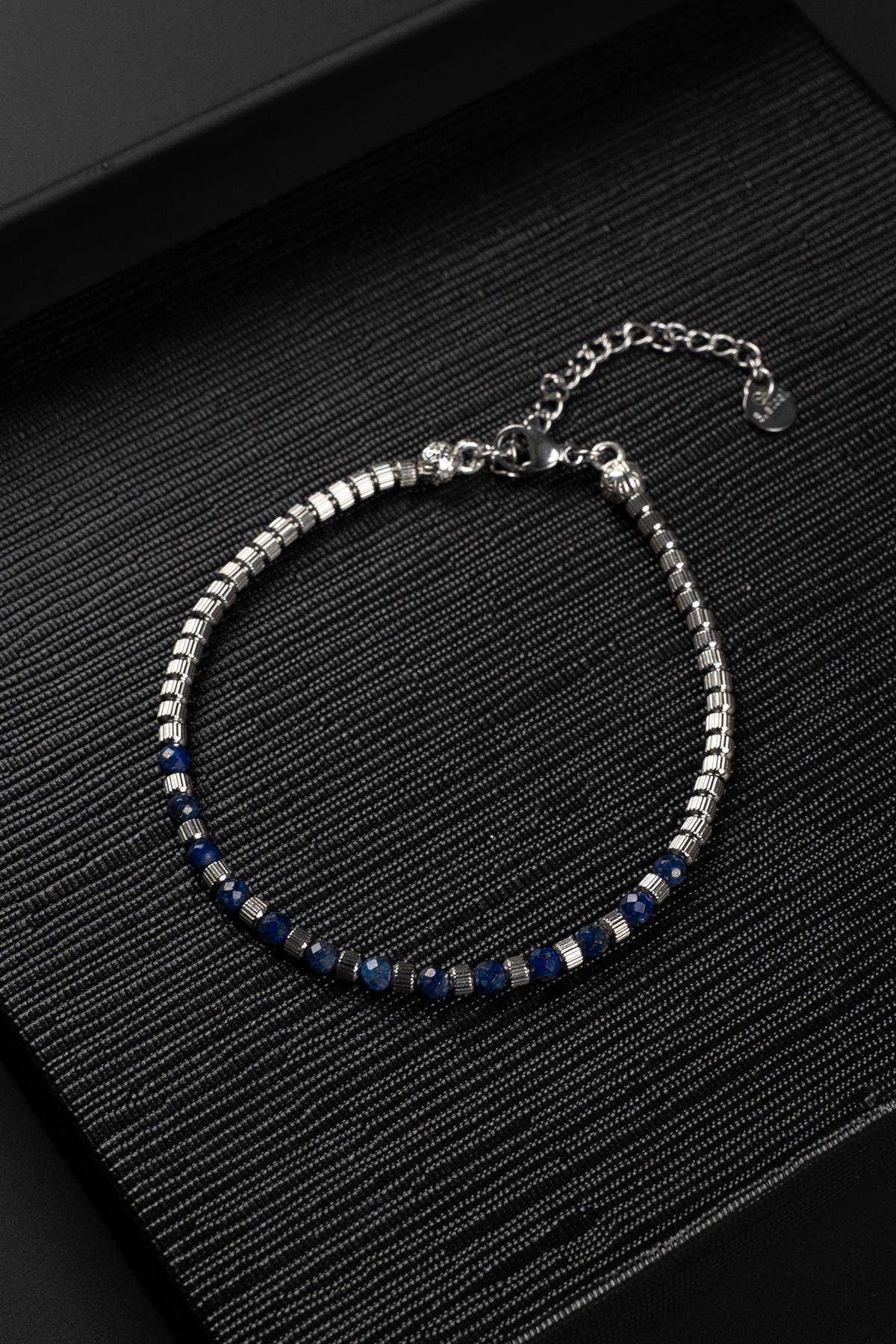 FRNCH 316L Çelik ve 3 MM Lapis Lazuli Doğal Taşlı Lacivert Renk Erkek Bileklik FRJ12394-3394-L